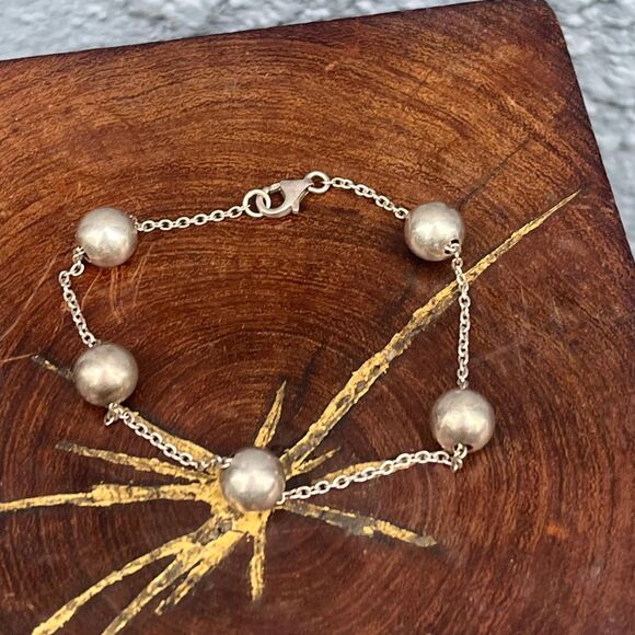 90s Sterling Silver Ball Chain Bracelet with Silver Balls Womens Modern Jewelry - Picture 1 of 9